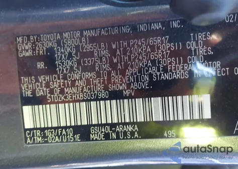 2011 Toyota Highlander Base V6 из США, поврежденный, VIN 5TDZK3EHXBS037980